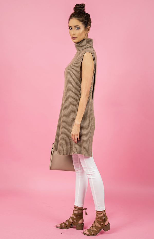 Style State dress, side view of the Sleeveless Open Back Knit Dress, beige.