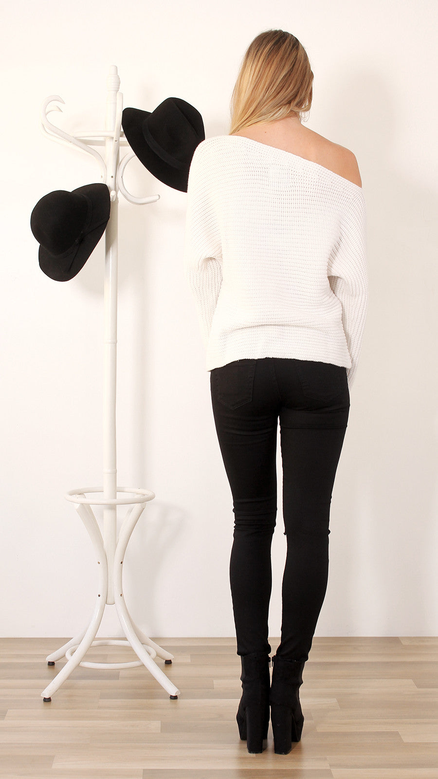 Tiger Mist jumper, back view of Smooth Talker, an off the shoulder jumper.