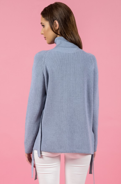 Style State jumper, rear view of the Side Tie Turtleneck Knit in grey blue.