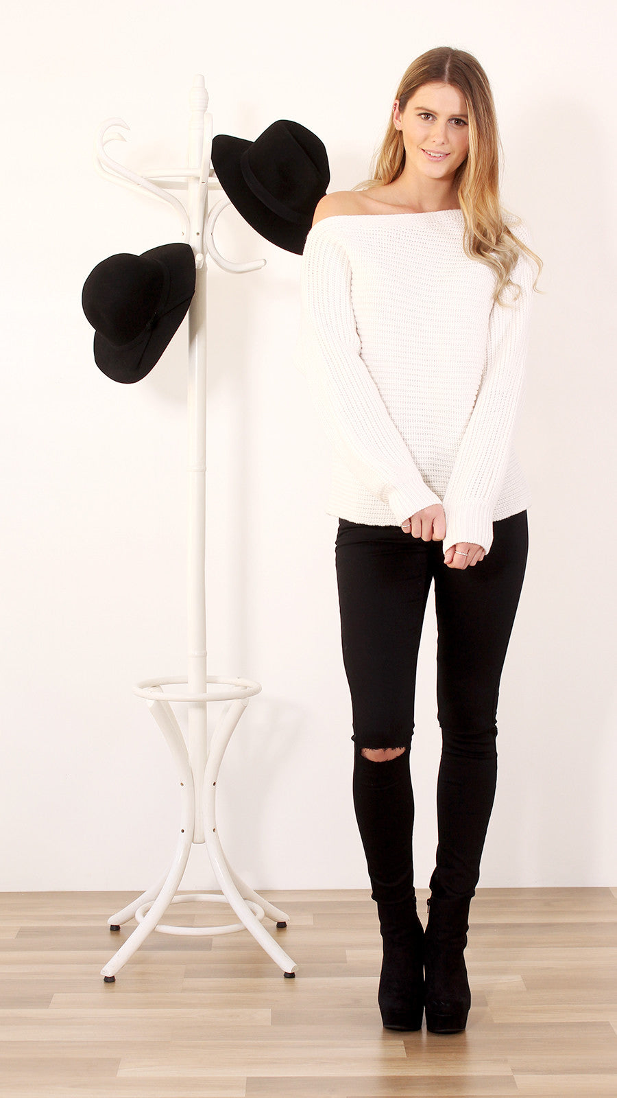 Tiger Mist jumper, full view of white off the shoulder Smooth Talker.