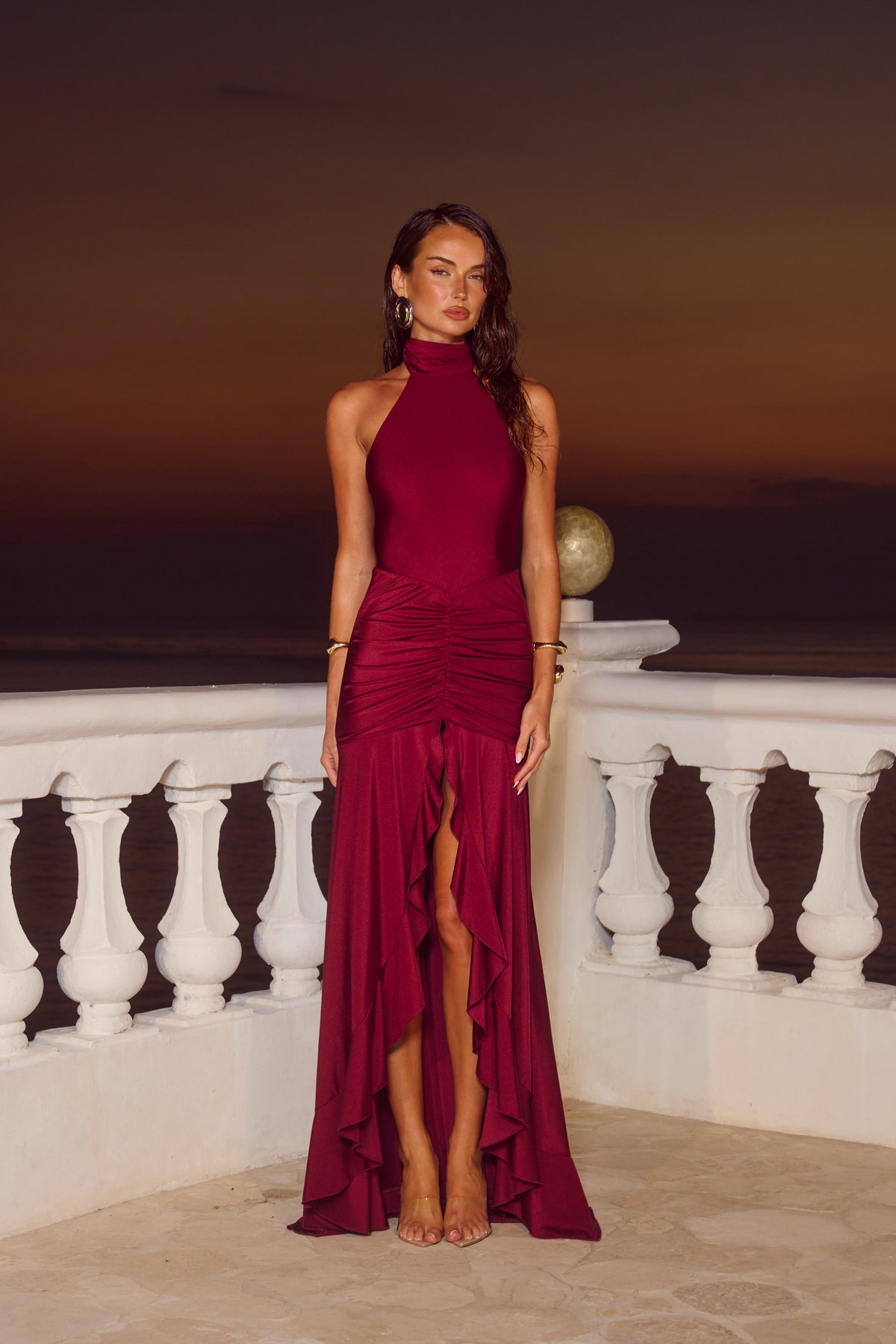 Zelma High Neck Maxi Dress in wine by Runaway the Label, a high-neck full-length gown for a school formal