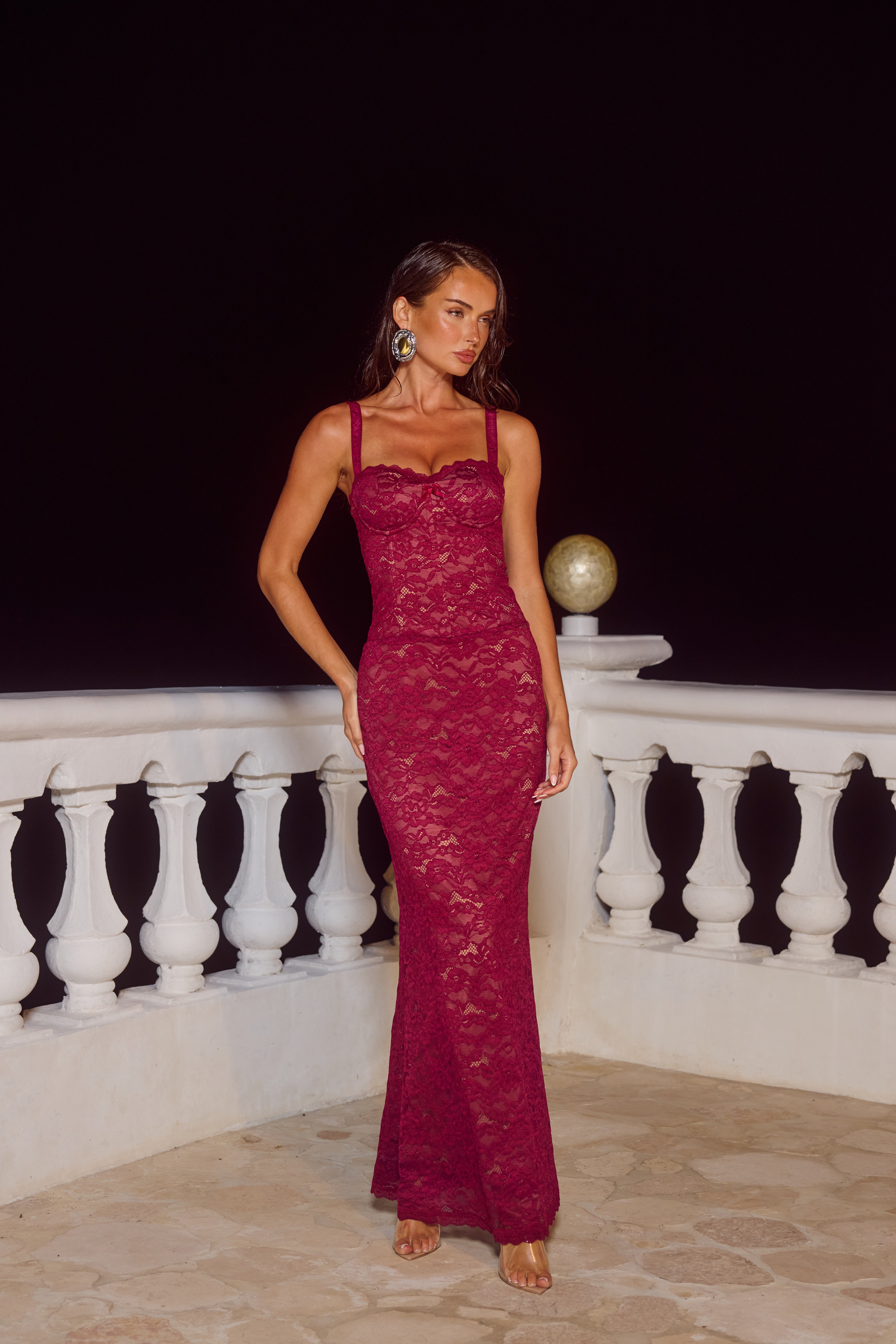 Hailee Lace Corset Maxi Dress - Wine