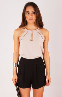 Style State shorts, front view of the Jenny Lace Trim Shorts in black.
