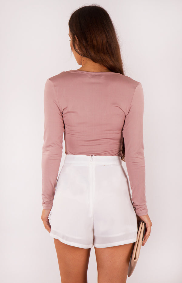 Style State shorts, back view of the Jenny Lace Trim white dress shorts. 