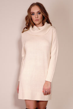 Anarchy Cowlneck Dress in Beige Front Crop View