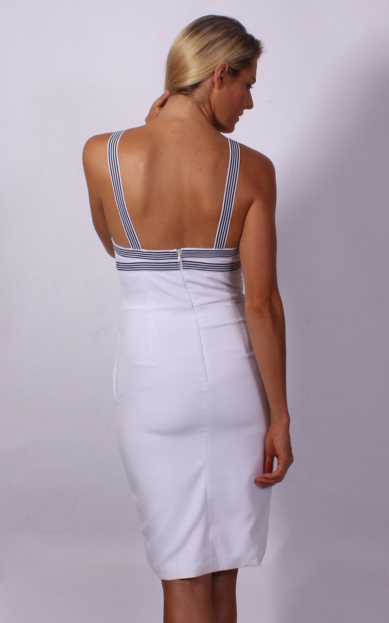 Runaway the Label dress, cropped rear view of the Clara Midi in white.
