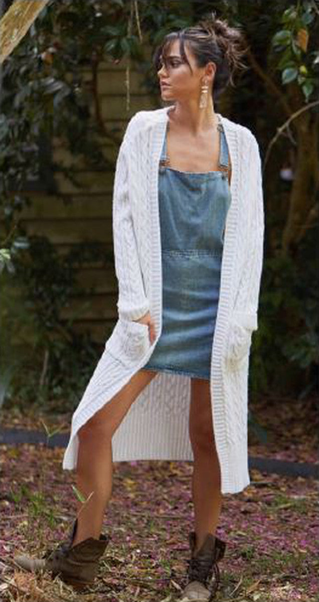 Sundays the Label coat, front view of the Felix Cable Knit Coat in white.