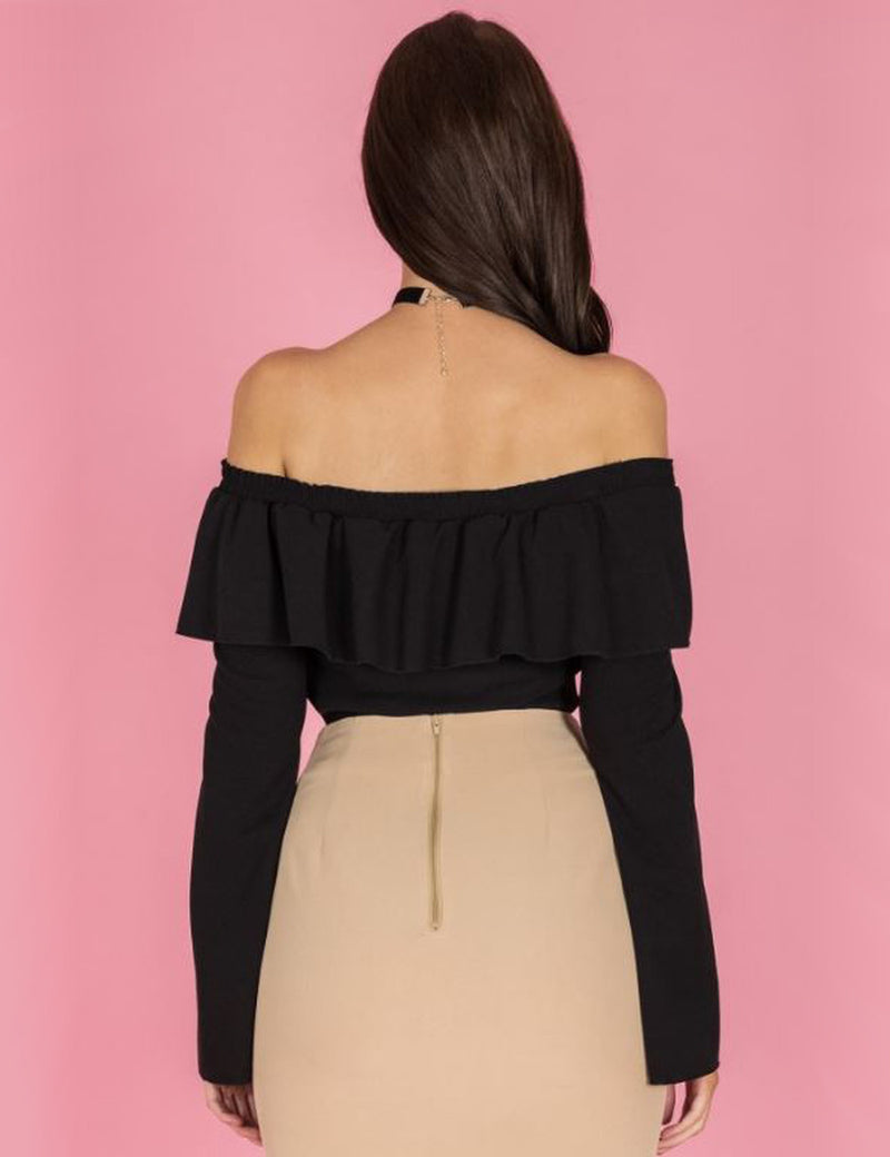 Style State top, crop rear view of the Off the Shoulder Ruffle Top. 