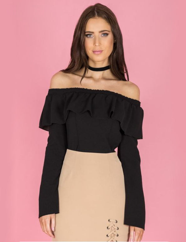 Style State top, front view of the Off the Shoulder Ruffle Top in black. 