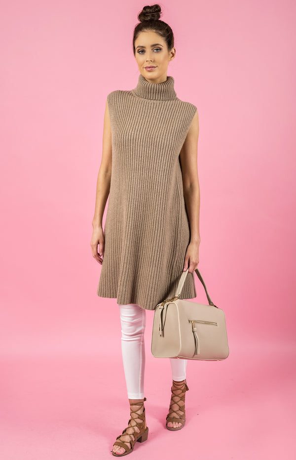 Style State dress, front view of the Sleeveless Open Back Knit Dress, in beige.
