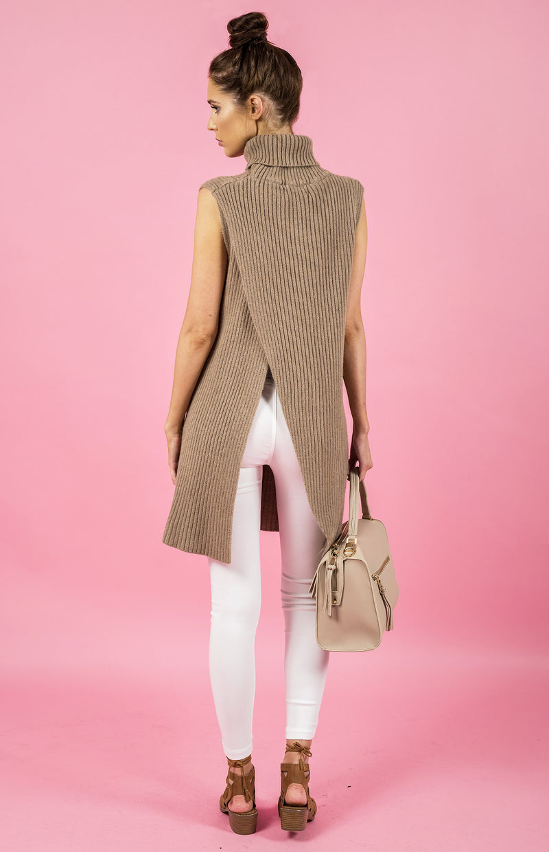 Stylestate dress, rear view of the Sleeveless Open Back Knit Dress, in beige.