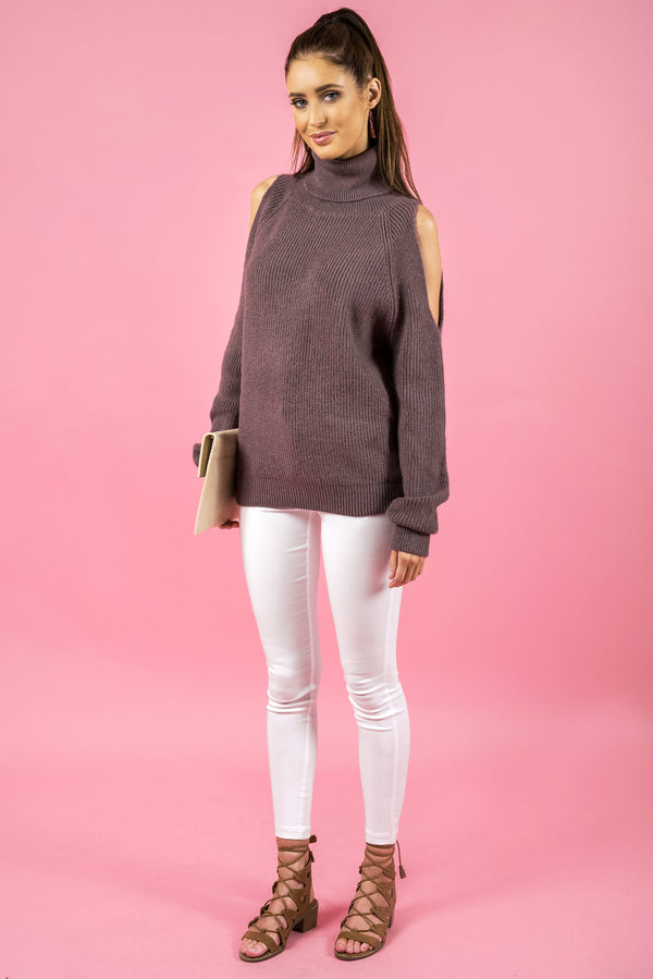 Cold Shoulder Turtleneck Knit in Mauve by Style State  side