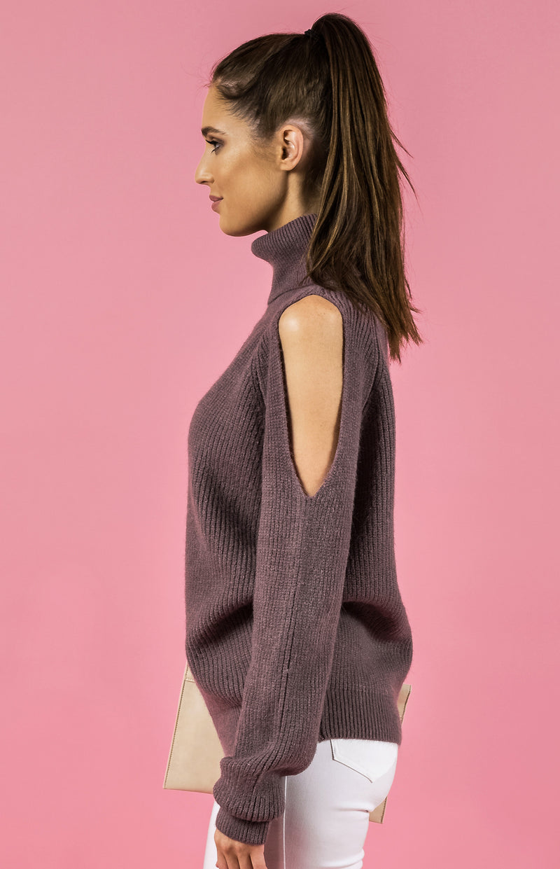 Style State jumper, side view of the Cold Shoulder Turtleneck Knit, in mauve.