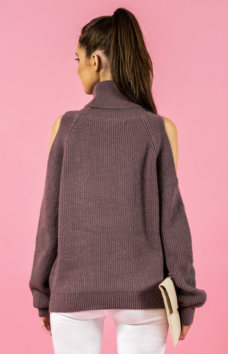 Stylestate jumper, back view of the Cold Shoulder Turtleneck Knit, in mauve.