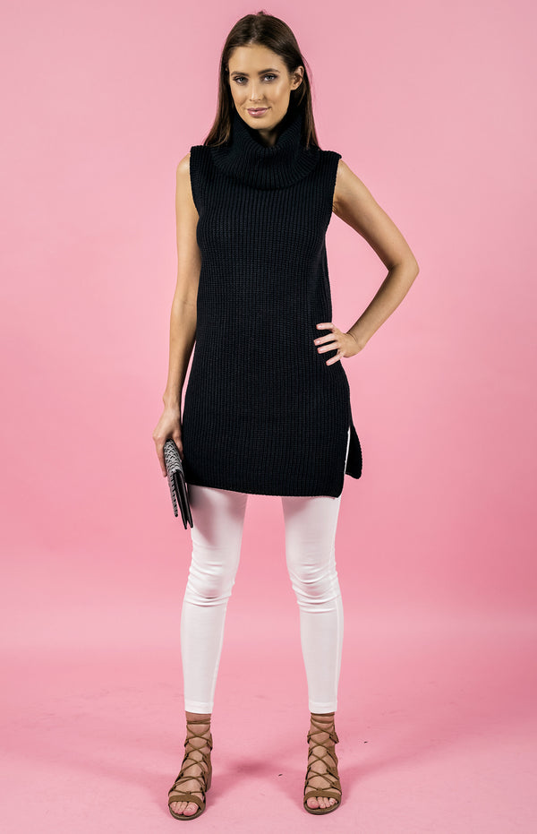Stylestate dress, full front view of the Sleeveless Turtlneck Knit Dress in black.