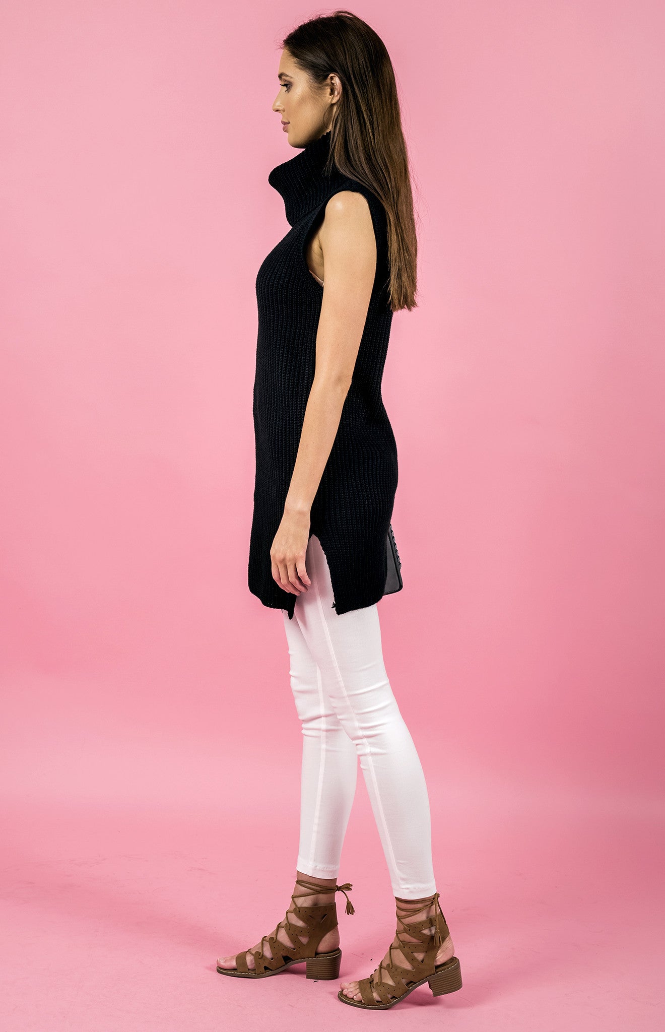 Style State Dress, side view of the Sleeveless Turtleneck Knit Dress, in black.