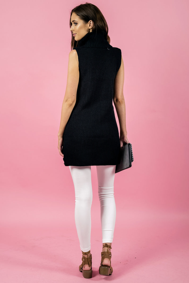 Stylestate dress, back view of the Sleeveless Turtleneck Knit Dress in black.