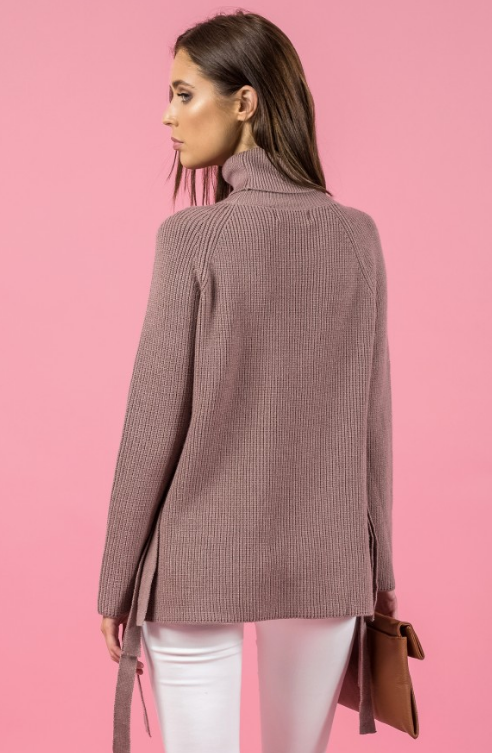 Style State jumper, back view of side tie turtleneck sweater, in taupe.