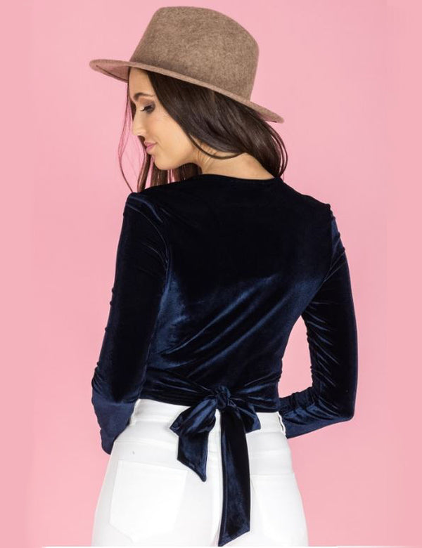 Style State Top, back crop view of the Velvet Tie Crop Top in purple.