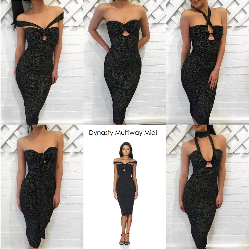 Dynasty Multiway midi by Nookie Dresses, all ways front view.