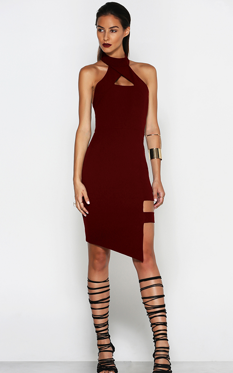 Runaway The Label dress, front view of Bandwidth Midi in wine. 