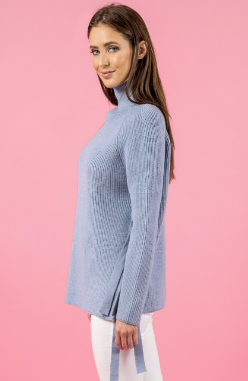 Stylestate jumper, side view of the Side Tie Turtleneck Knit in grey blue.