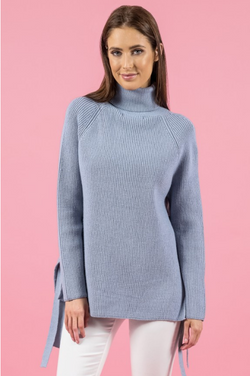 Style State jumper, front view of the Side Tie Turtleneck Knit in grey blue.