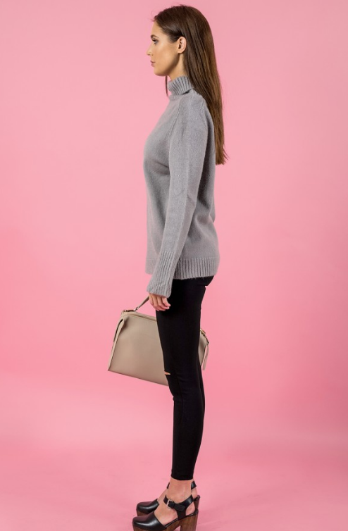 Style State jumper, side view of the Turtleneck Split Sleeve Knit in grey.