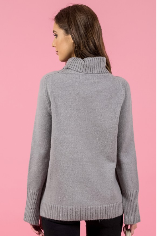 Style State jumper, back view of the Turtleneck Split Sleeve Knit in grey.