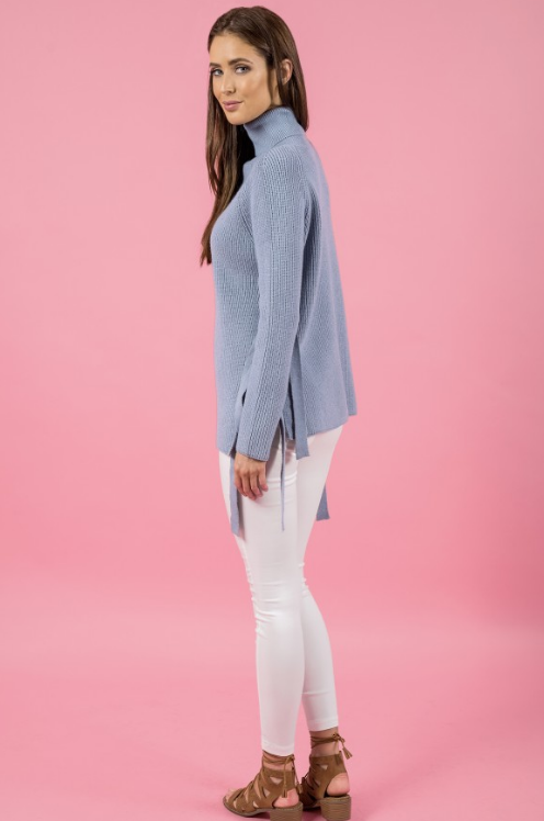 Style State jumper, full side view of the Side Tie Turtleneck Knit, in grey blue.