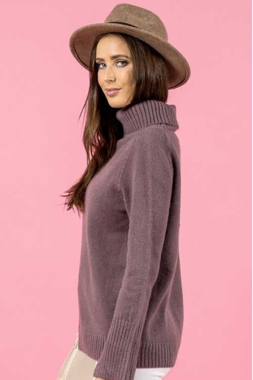 Stylestate jumper, crop side view of Turtleneck Split Sleeve Knit, in mauve.