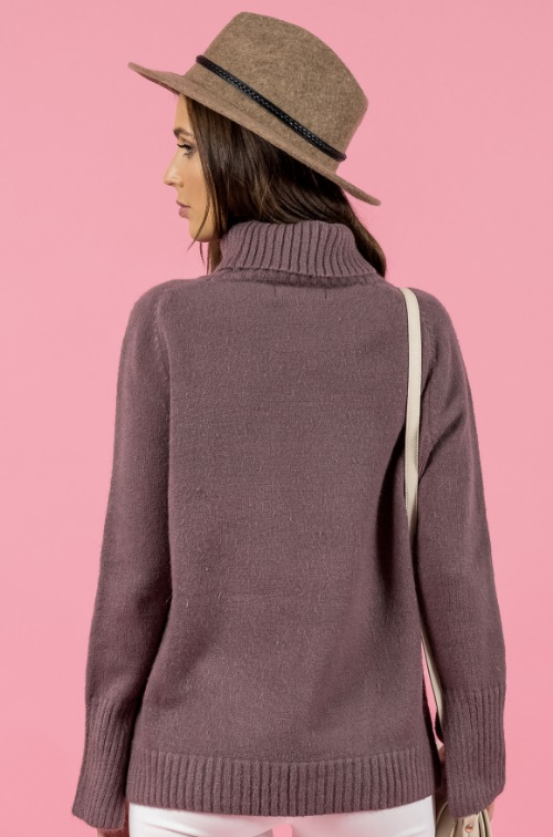 Style State jumper, rear view of Turtleneck Split Sleeve Knit, in mauve.