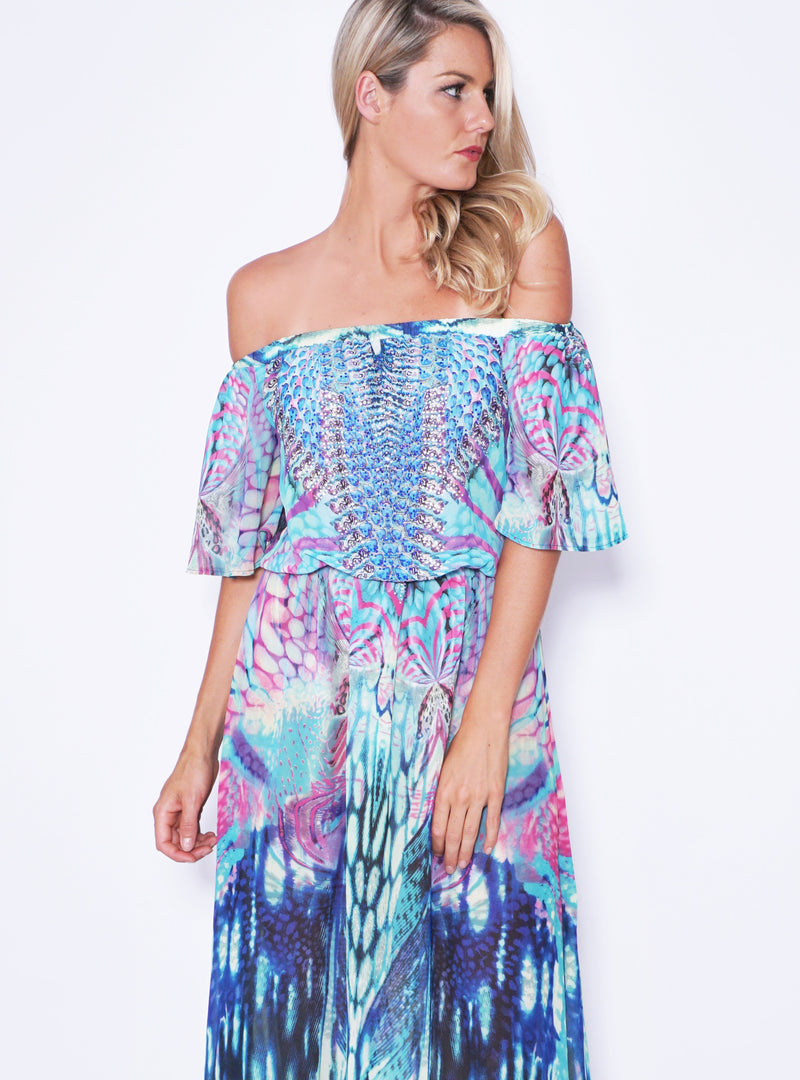 Reverse dress, cropped front view of the Harlequin Maxi Dress in teal.