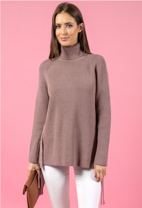Style State jumper, front view of Side Tie turtleneck sweater.
