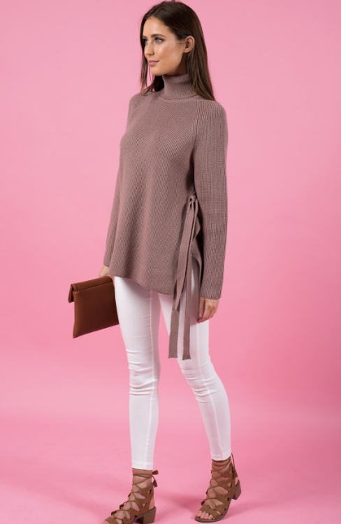 Style State sweater, full view of taupe turtleneck sweater with side ties.